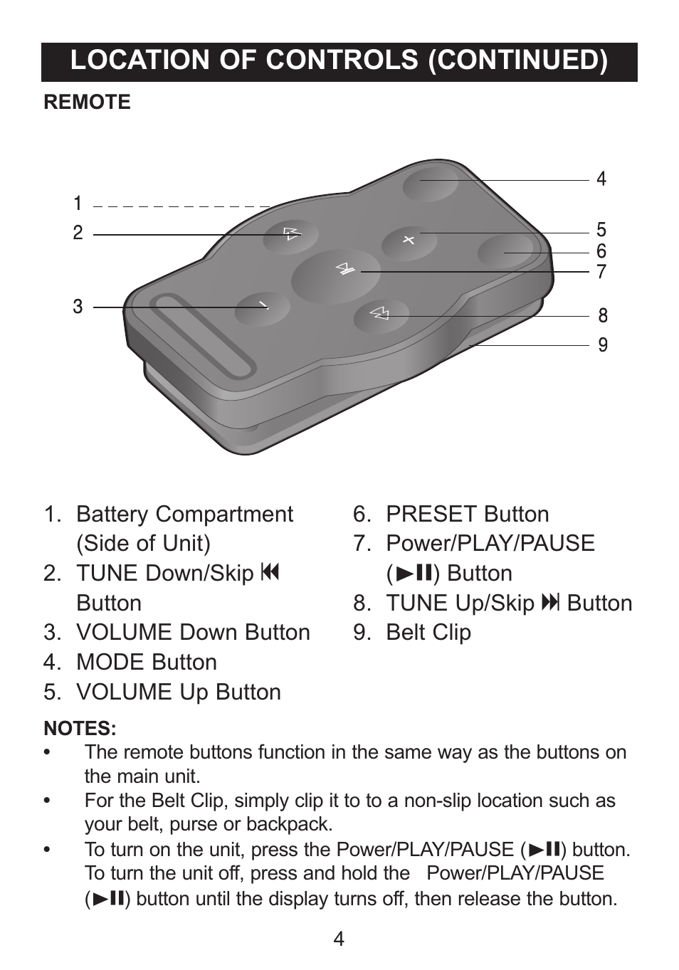 Location of controls (continued) | Memorex Mi1006 User Manual | Page 5 / 17