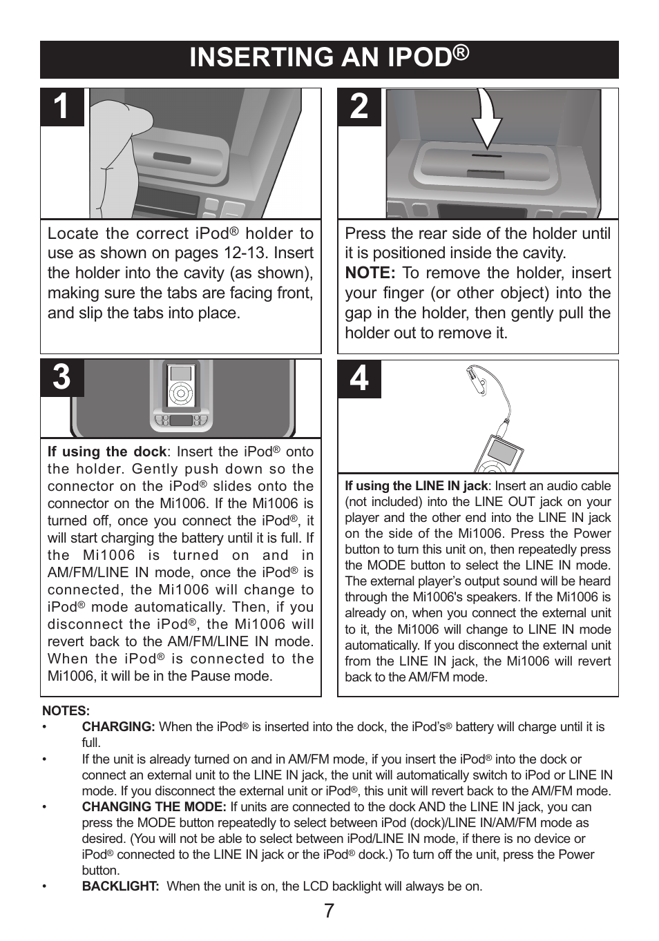 Inserting an ipod | Memorex Mi1006 User Manual | Page 8 / 17