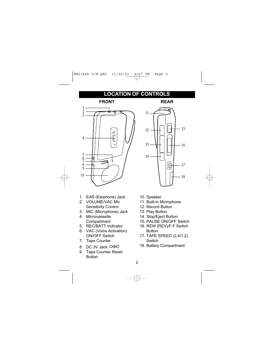 Location of controls | Memorex MB2186AOM User Manual | Page 3 / 13