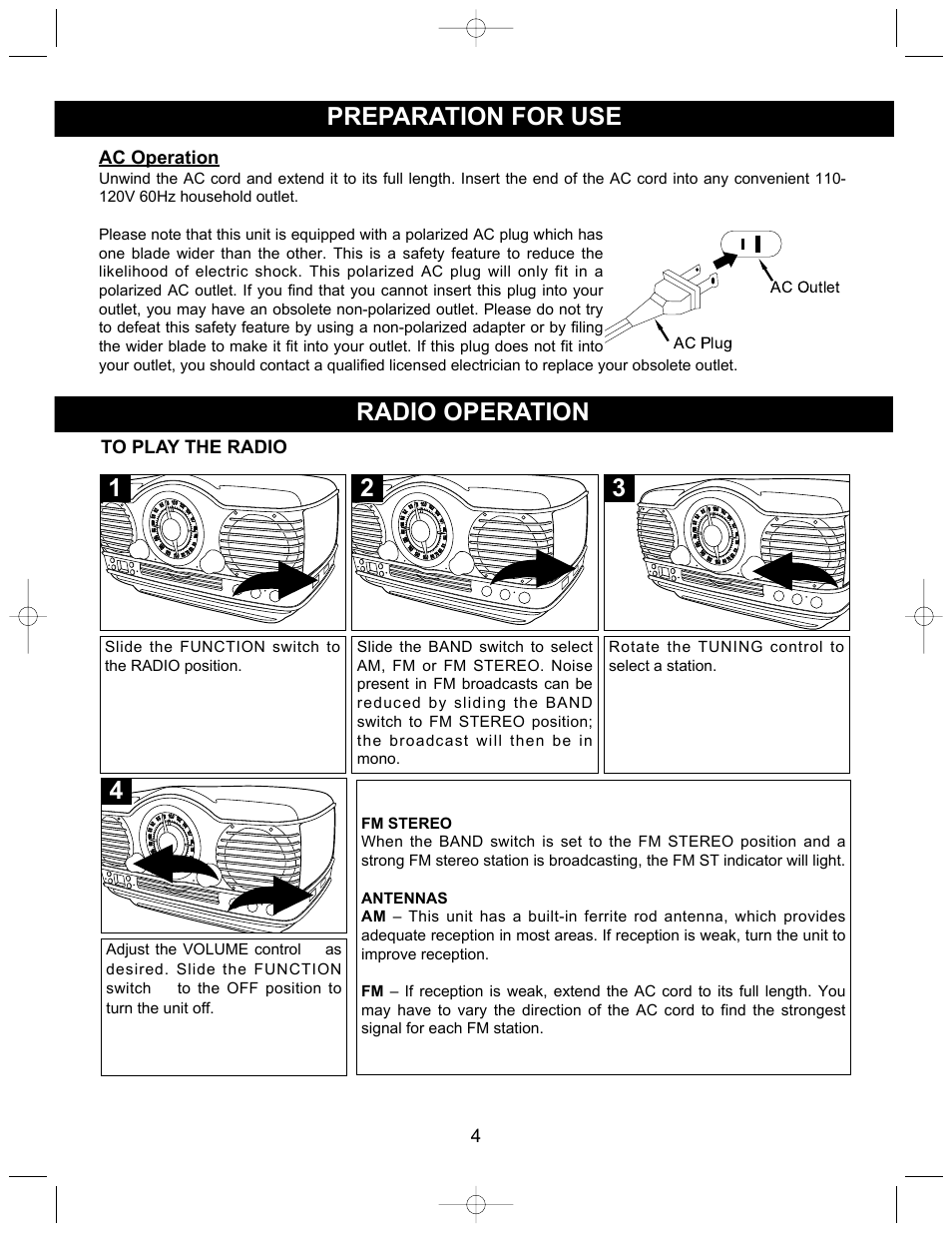 Radio operation, Preparation for use | Memorex MTT3200 User Manual | Page 5 / 11