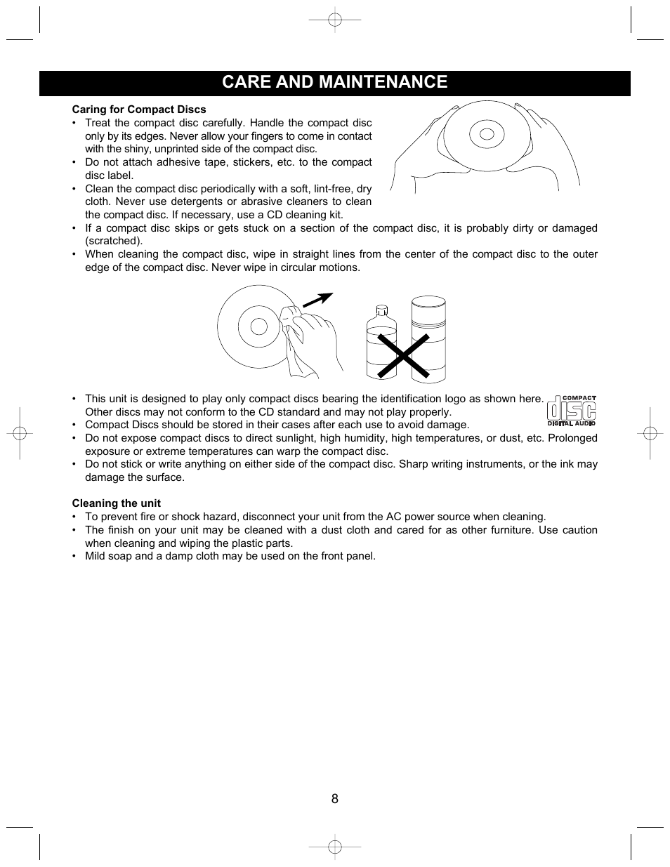 Care and maintenance | Memorex MTT3200 User Manual | Page 9 / 11