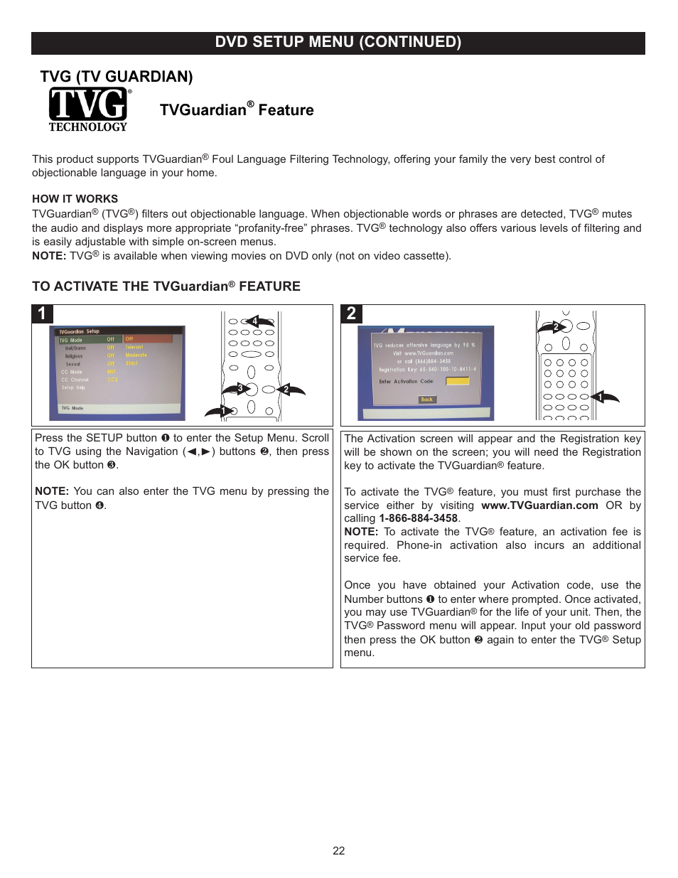 Dvd setup menu (continued), Tvg (tv guardian) tvguardian, Feature | Memorex MVD4543 User Manual | Page 23 / 58