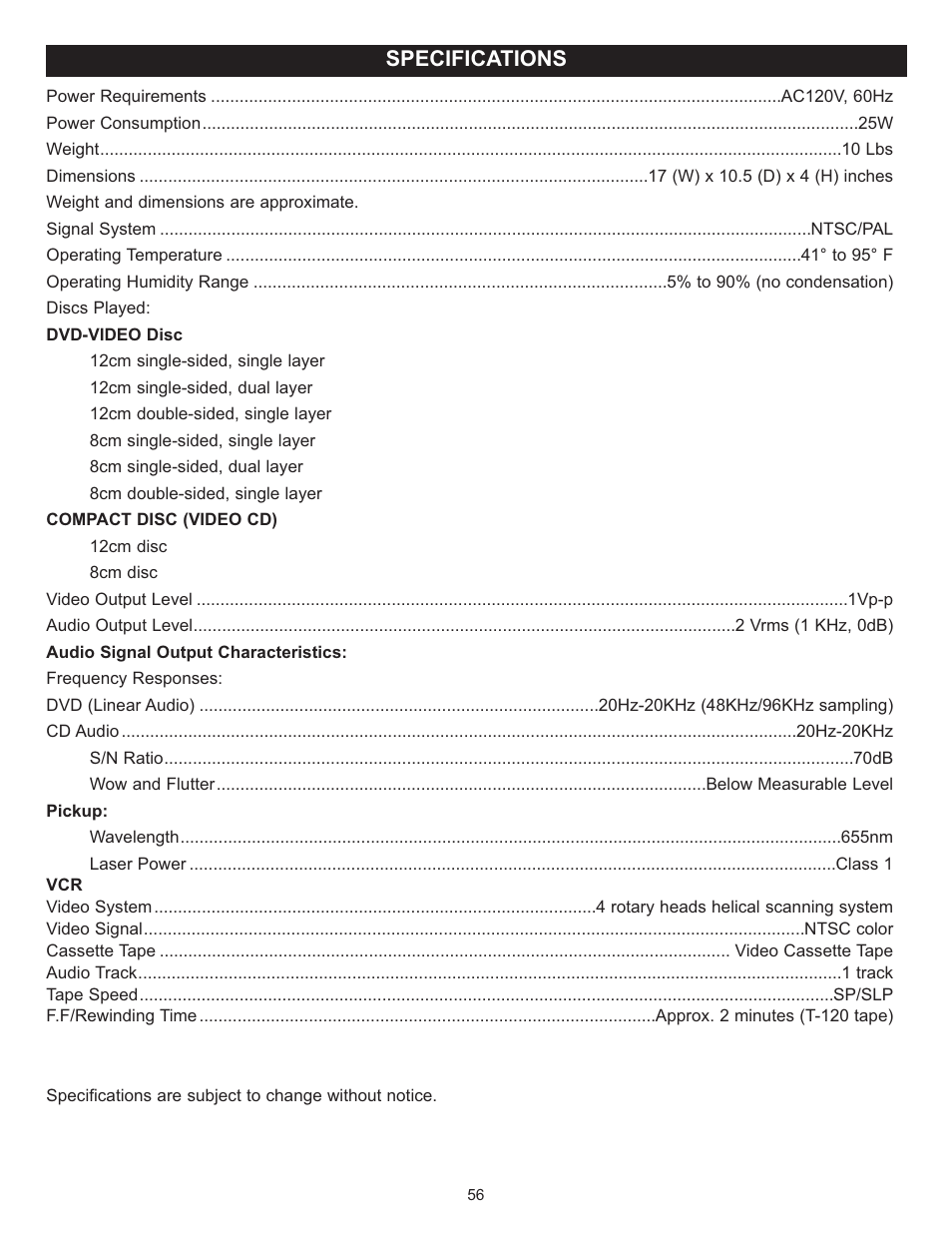 Specifications | Memorex MVD4543 User Manual | Page 57 / 58