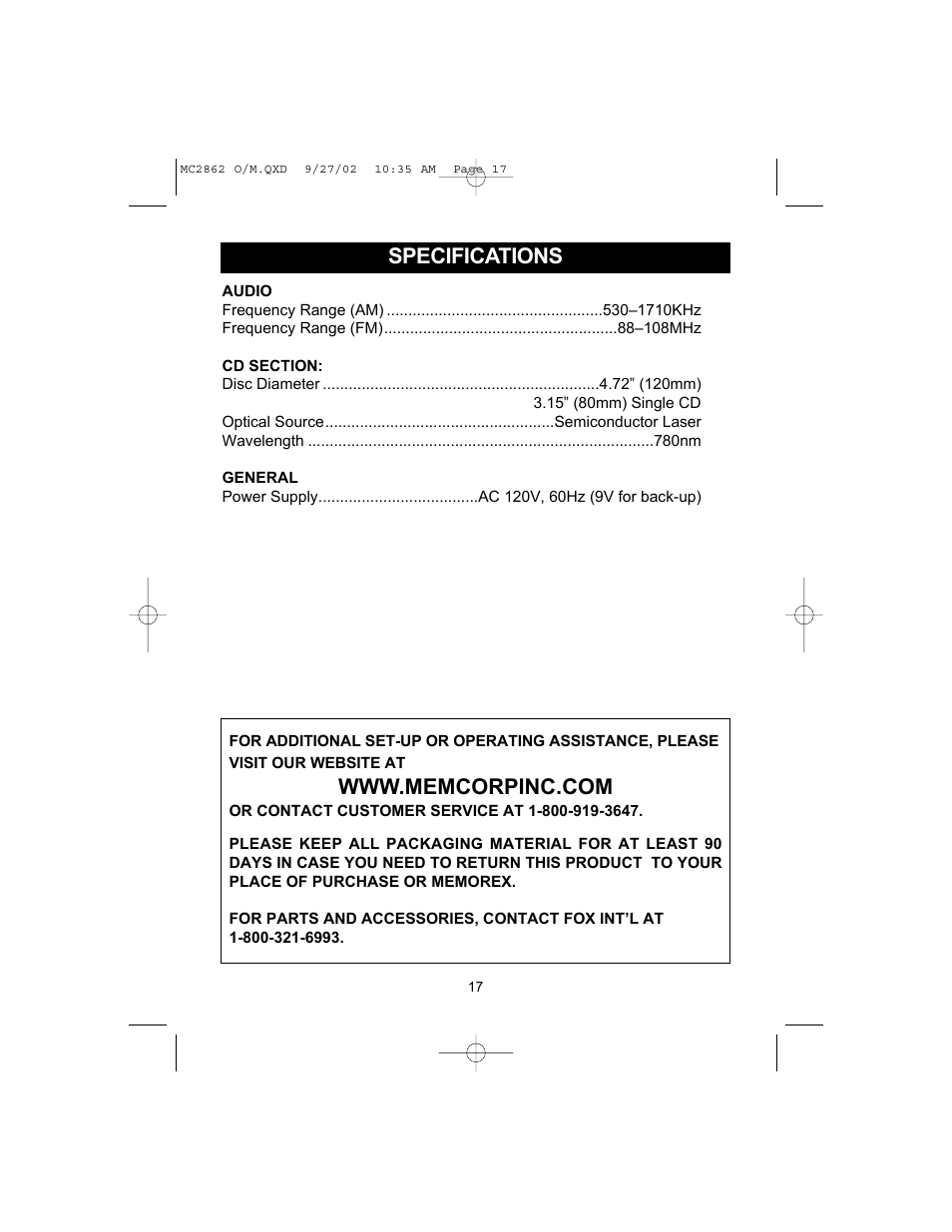 Specifications | Memorex MC2862 User Manual | Page 18 / 19