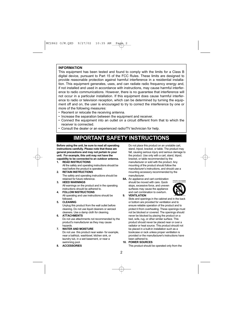 Important safety instructions | Memorex MC2862 User Manual | Page 3 / 19