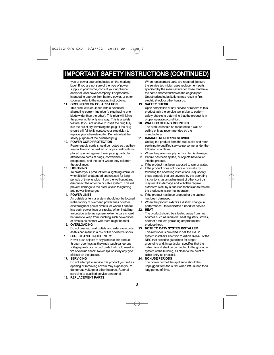 Important safety instructions (continued) | Memorex MC2862 User Manual | Page 4 / 19