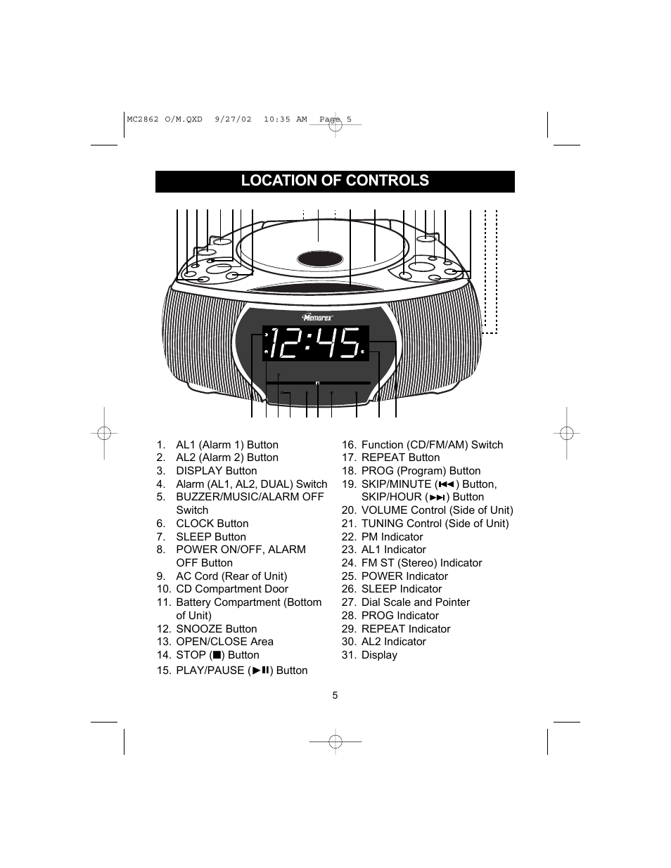 Location of controls | Memorex MC2862 User Manual | Page 6 / 19