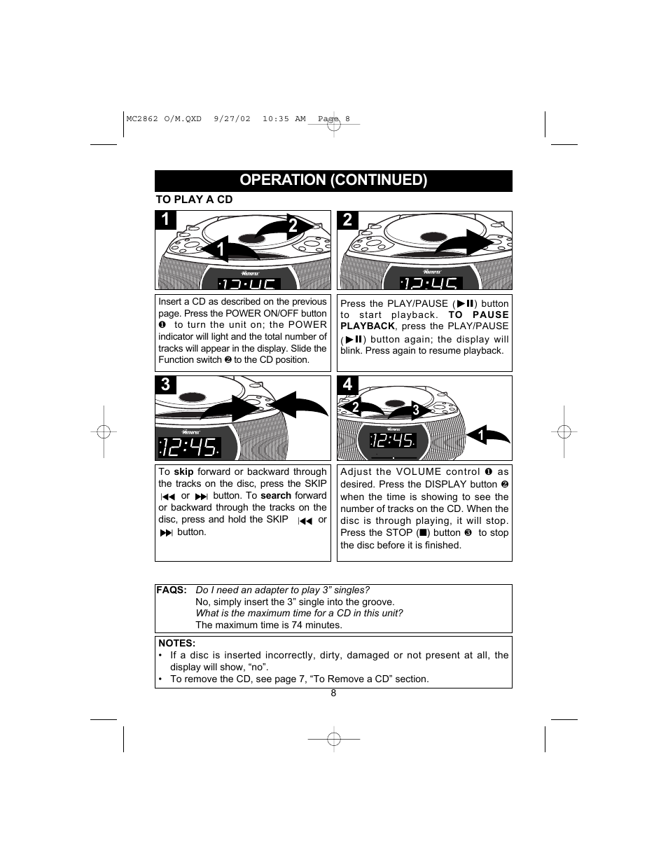 Operation (continued) | Memorex MC2862 User Manual | Page 9 / 19