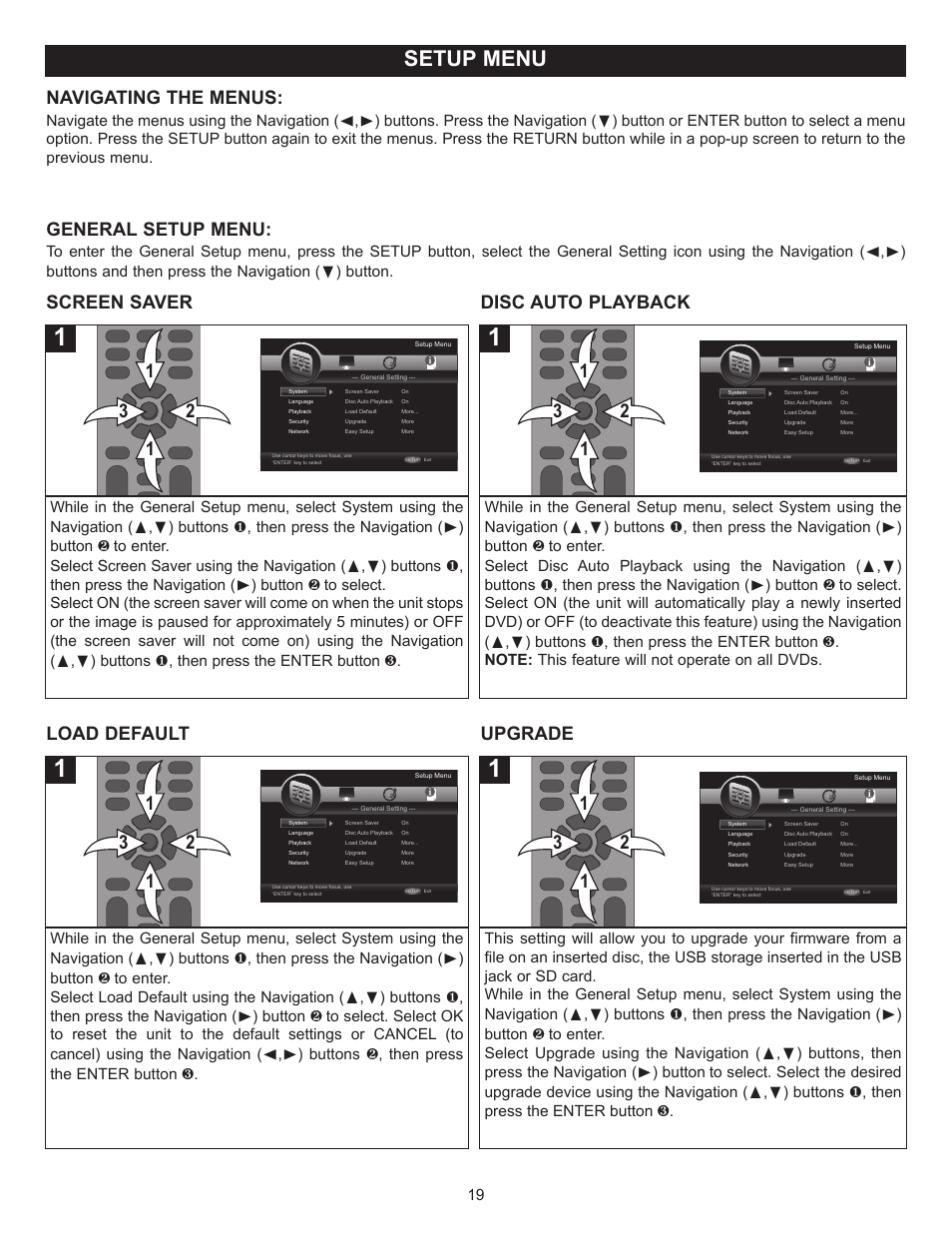 Setup menu, General setup menu, Navigating the menus | Screen saver disc auto playback, Load default upgrade | Memorex MVBD2520-R User Manual | Page 20 / 52