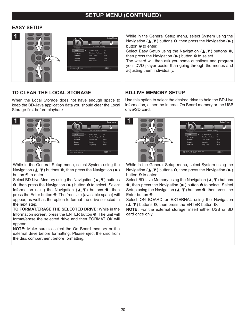Setup menu (continued), Easy setup | Memorex MVBD2520-R User Manual | Page 21 / 52