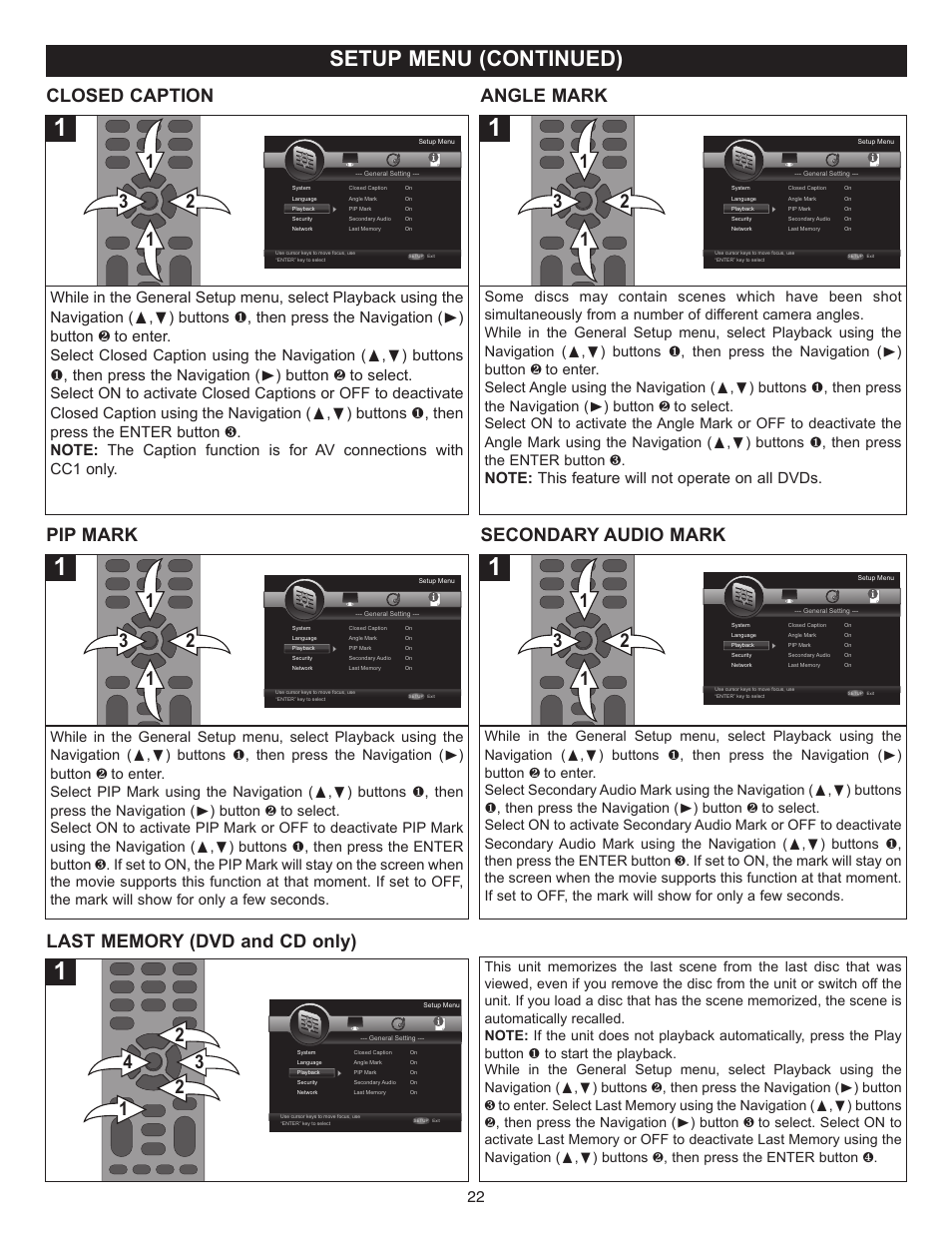 Setup menu (continued), Closed caption angle mark, Pip mark secondary audio mark | Memorex MVBD2520-R User Manual | Page 23 / 52