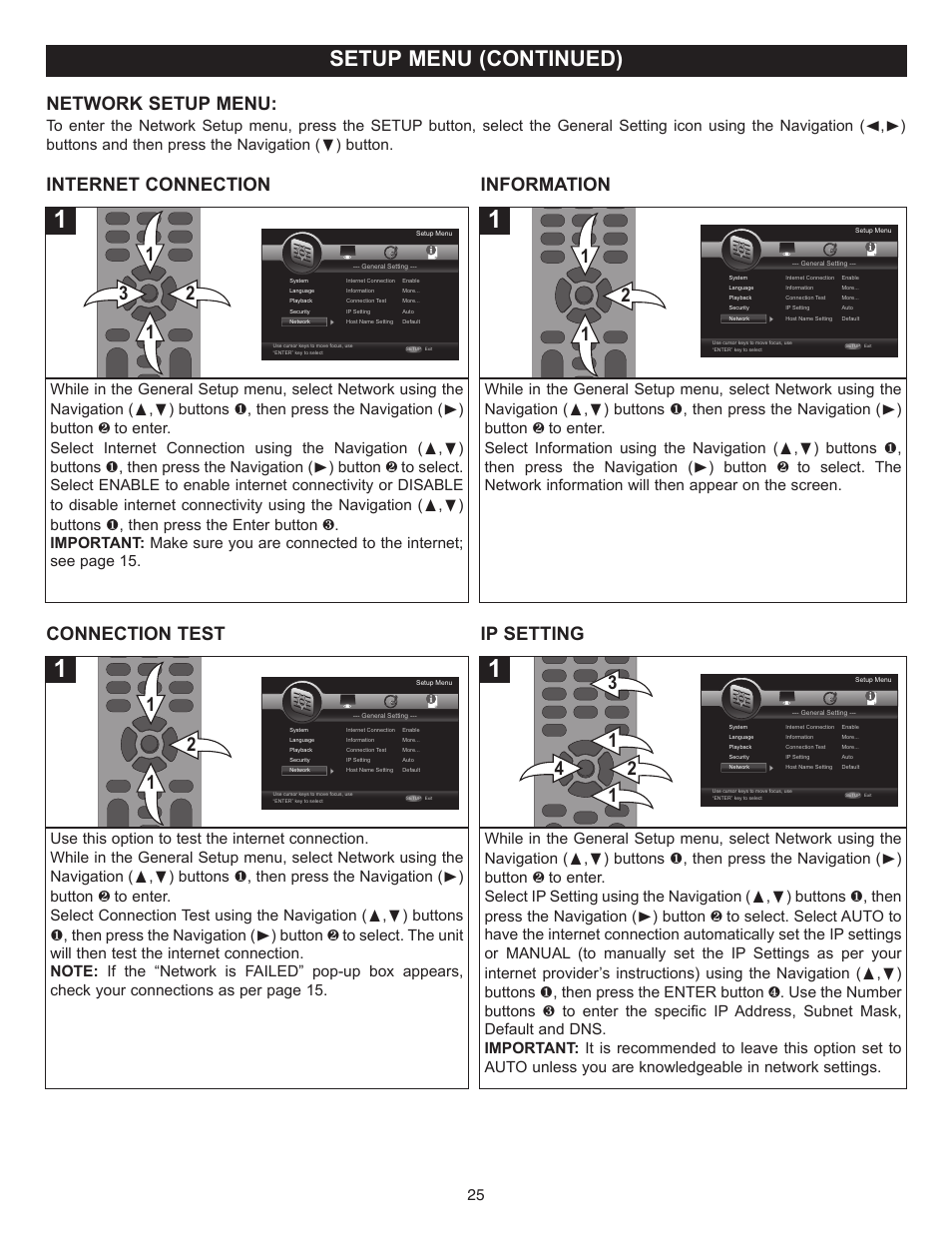 Setup menu (continued), Internet connection information, Connection test ip setting | Network setup menu | Memorex MVBD2520-R User Manual | Page 26 / 52