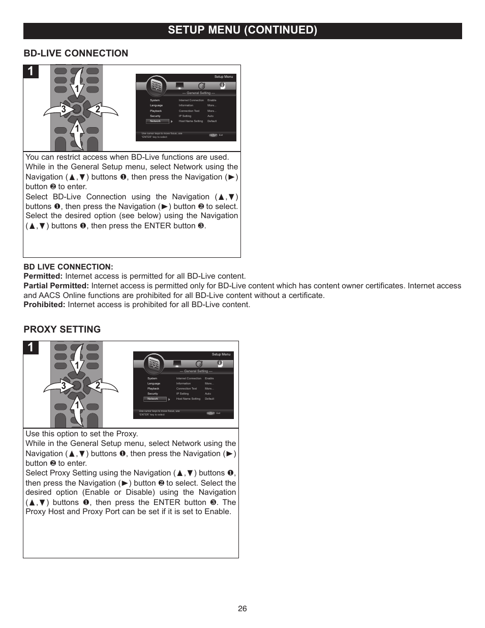 Setup menu (continued), Bd-live connection, Proxy setting | Memorex MVBD2520-R User Manual | Page 27 / 52