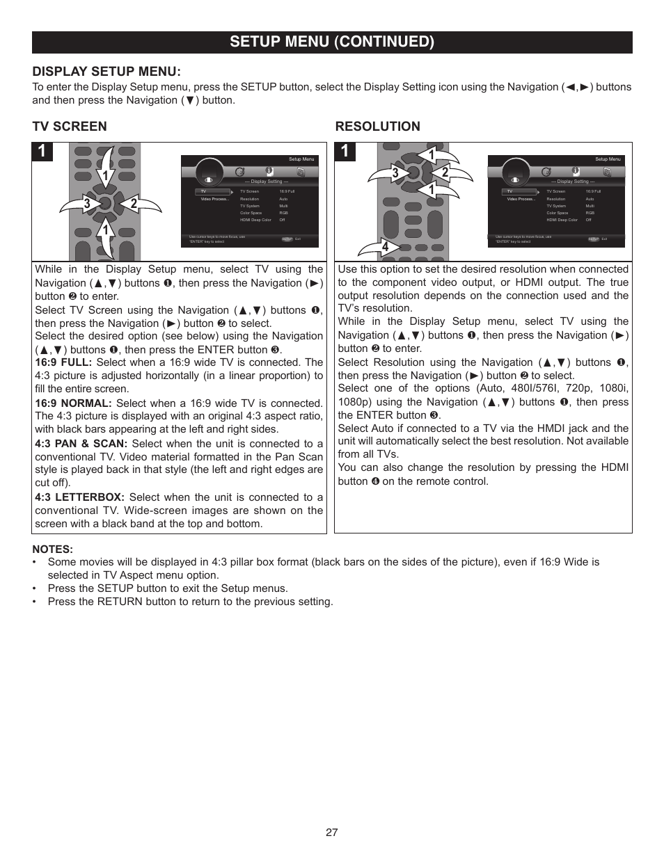 Setup menu (continued), Display setup menu, Tv screen resolution | Memorex MVBD2520-R User Manual | Page 28 / 52
