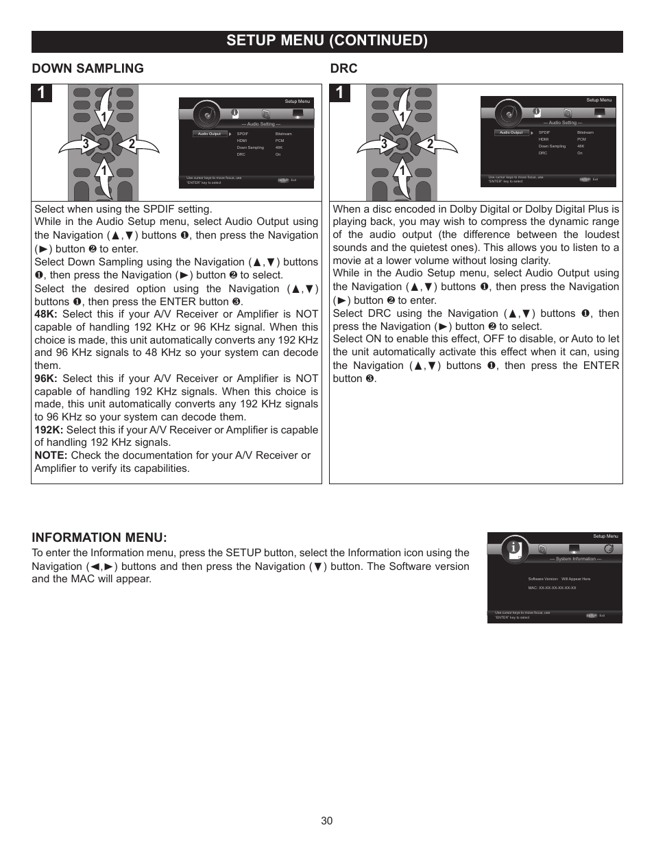 Setup menu (continued), Down sampling drc, Information menu | Memorex MVBD2520-R User Manual | Page 31 / 52