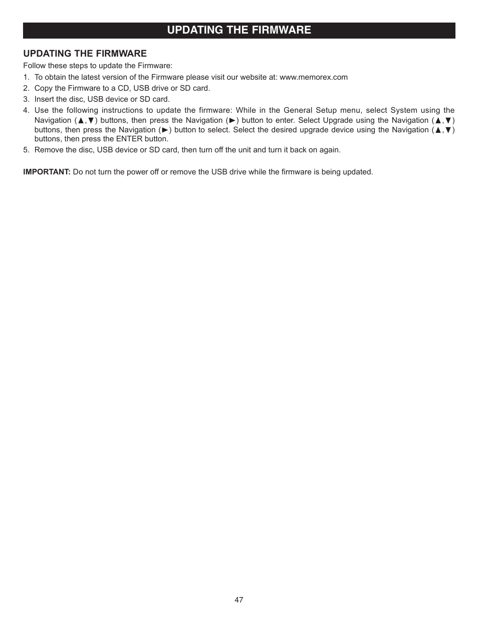 Updating the firmware | Memorex MVBD2520-R User Manual | Page 48 / 52