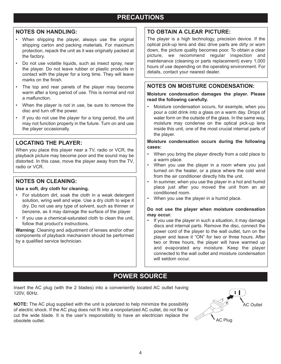 Precautions power source | Memorex MVBD2520-R User Manual | Page 5 / 52