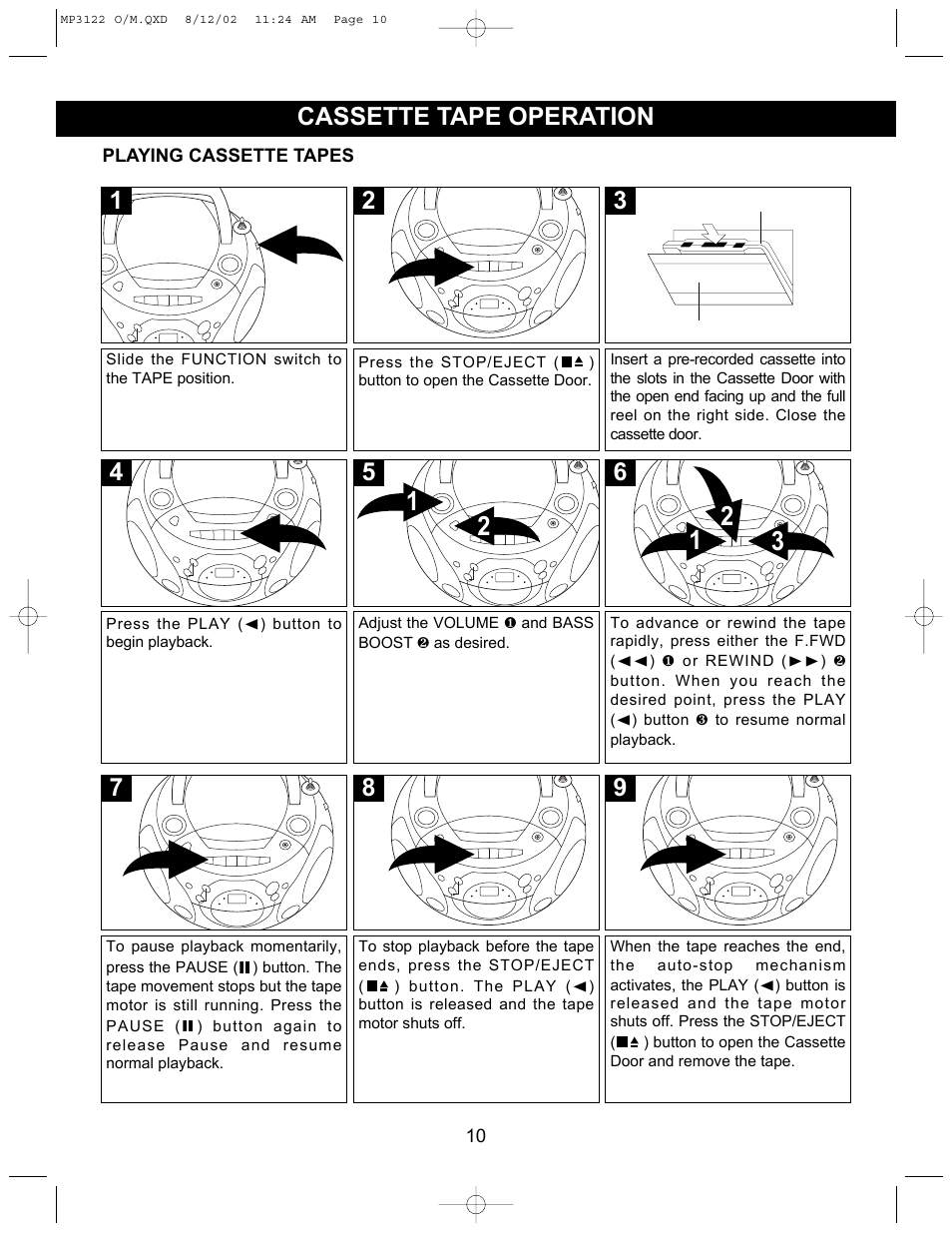Cassette tape operation | Memorex MP3122 User Manual | Page 11 / 17