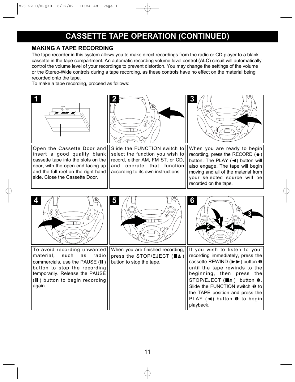 5cassette tape operation (continued) | Memorex MP3122 User Manual | Page 12 / 17