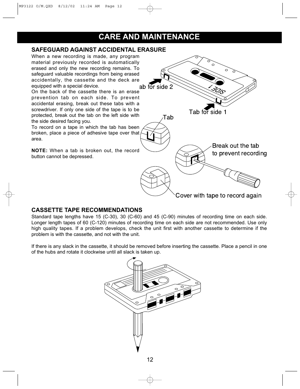 Care and maintenance, Side 1 | Memorex MP3122 User Manual | Page 13 / 17