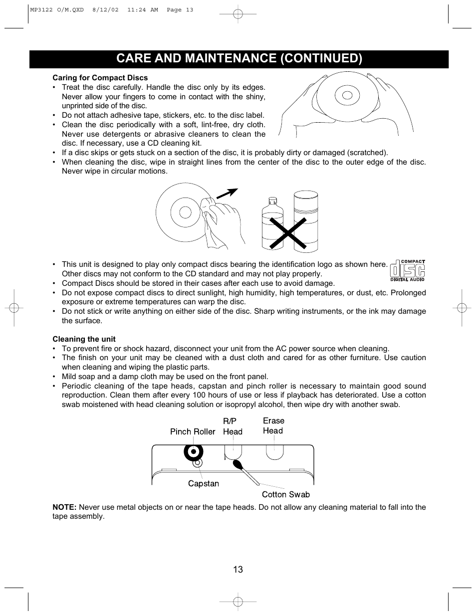 Care and maintenance (continued) | Memorex MP3122 User Manual | Page 14 / 17