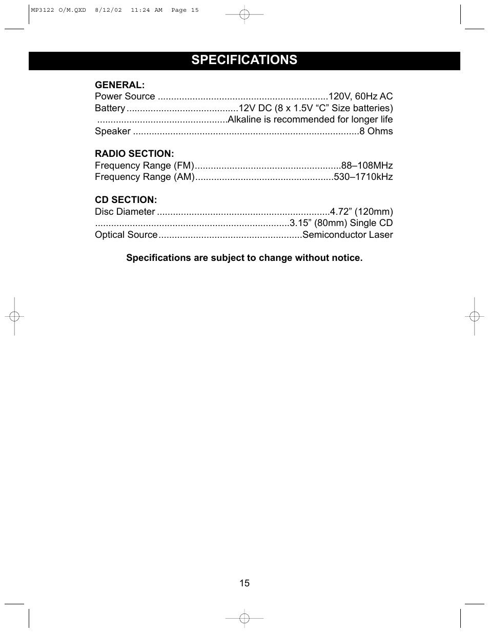 Specifications | Memorex MP3122 User Manual | Page 16 / 17