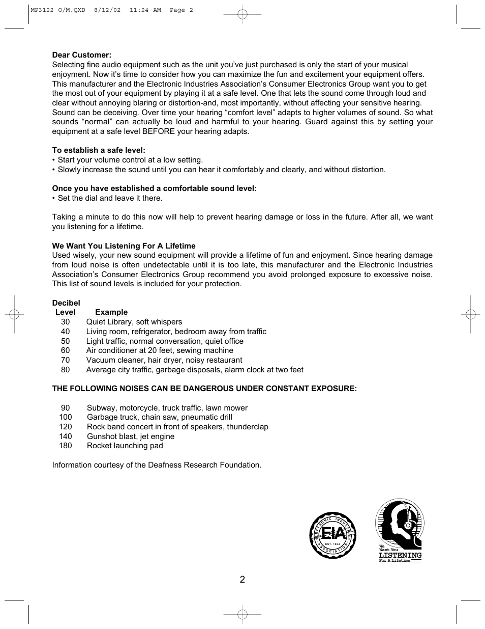 Listening | Memorex MP3122 User Manual | Page 3 / 17