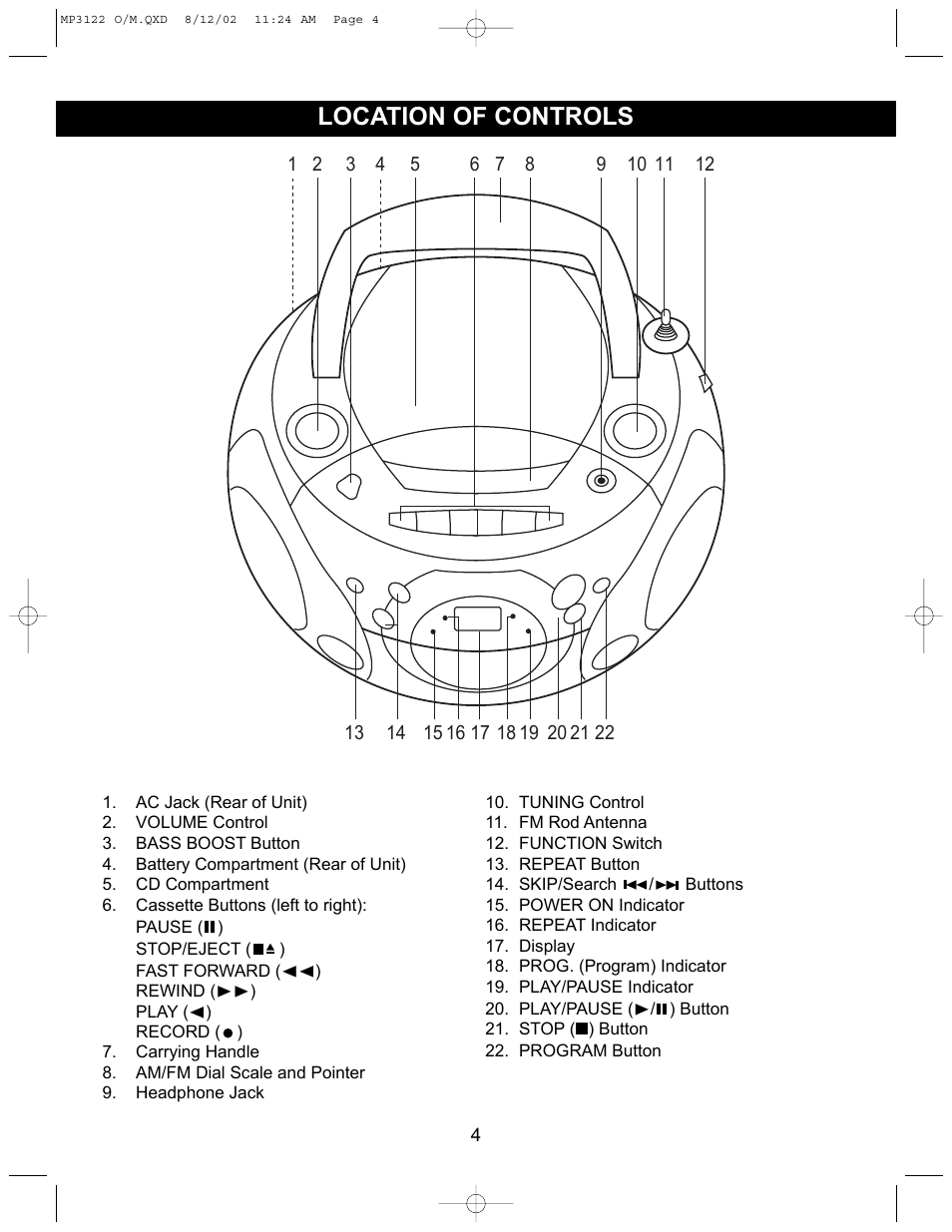 Location of controls | Memorex MP3122 User Manual | Page 5 / 17