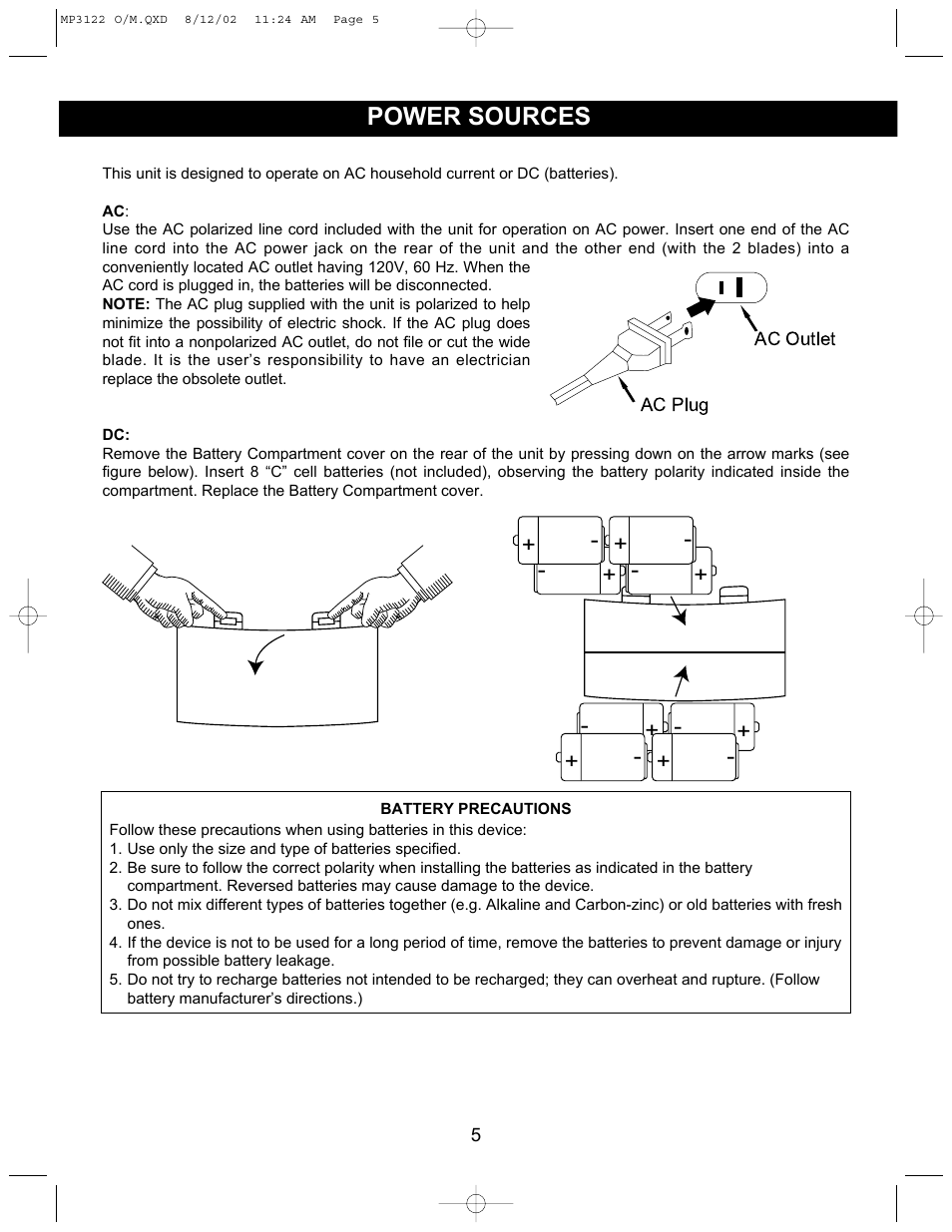 Power sources | Memorex MP3122 User Manual | Page 6 / 17