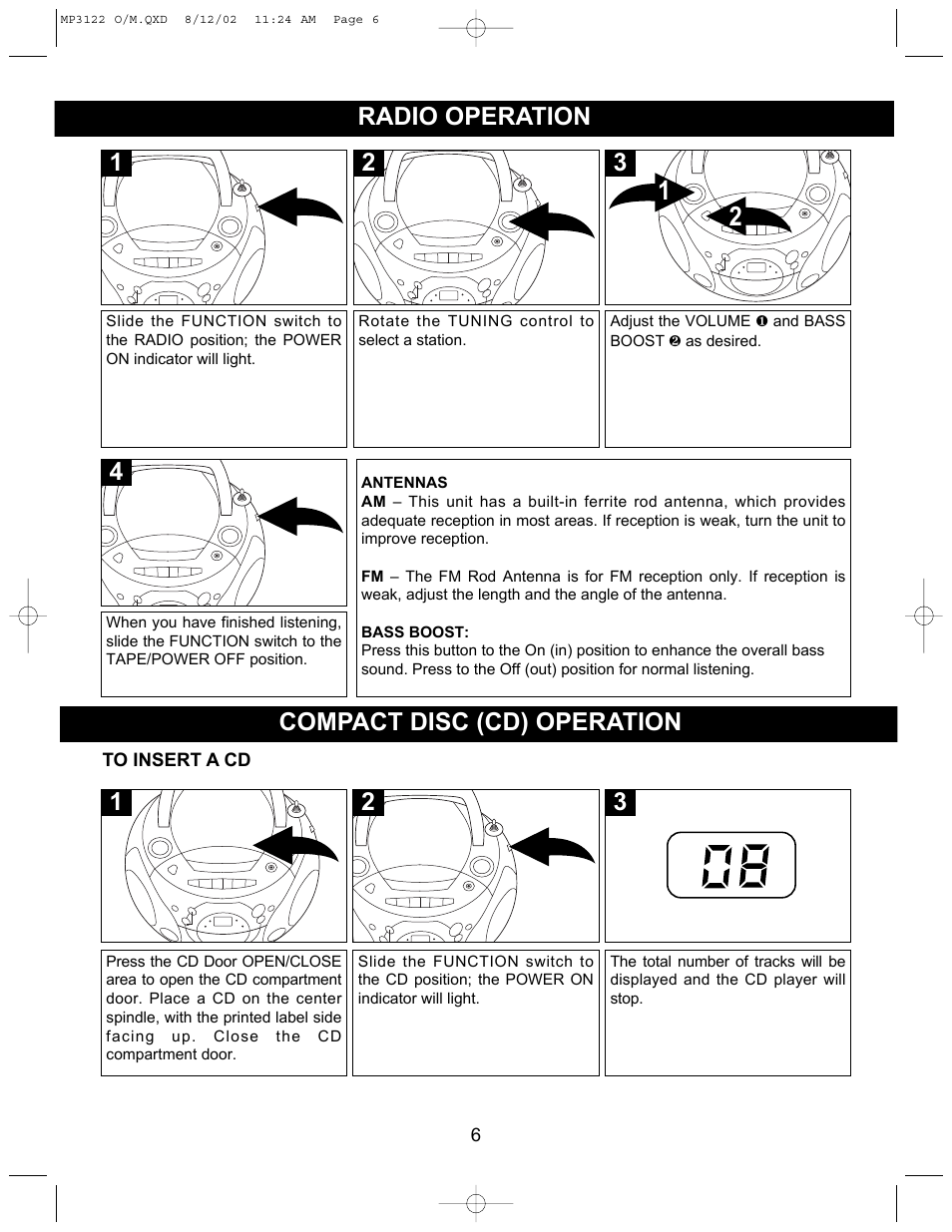 Radio operation, 2compact disc (cd) operation | Memorex MP3122 User Manual | Page 7 / 17