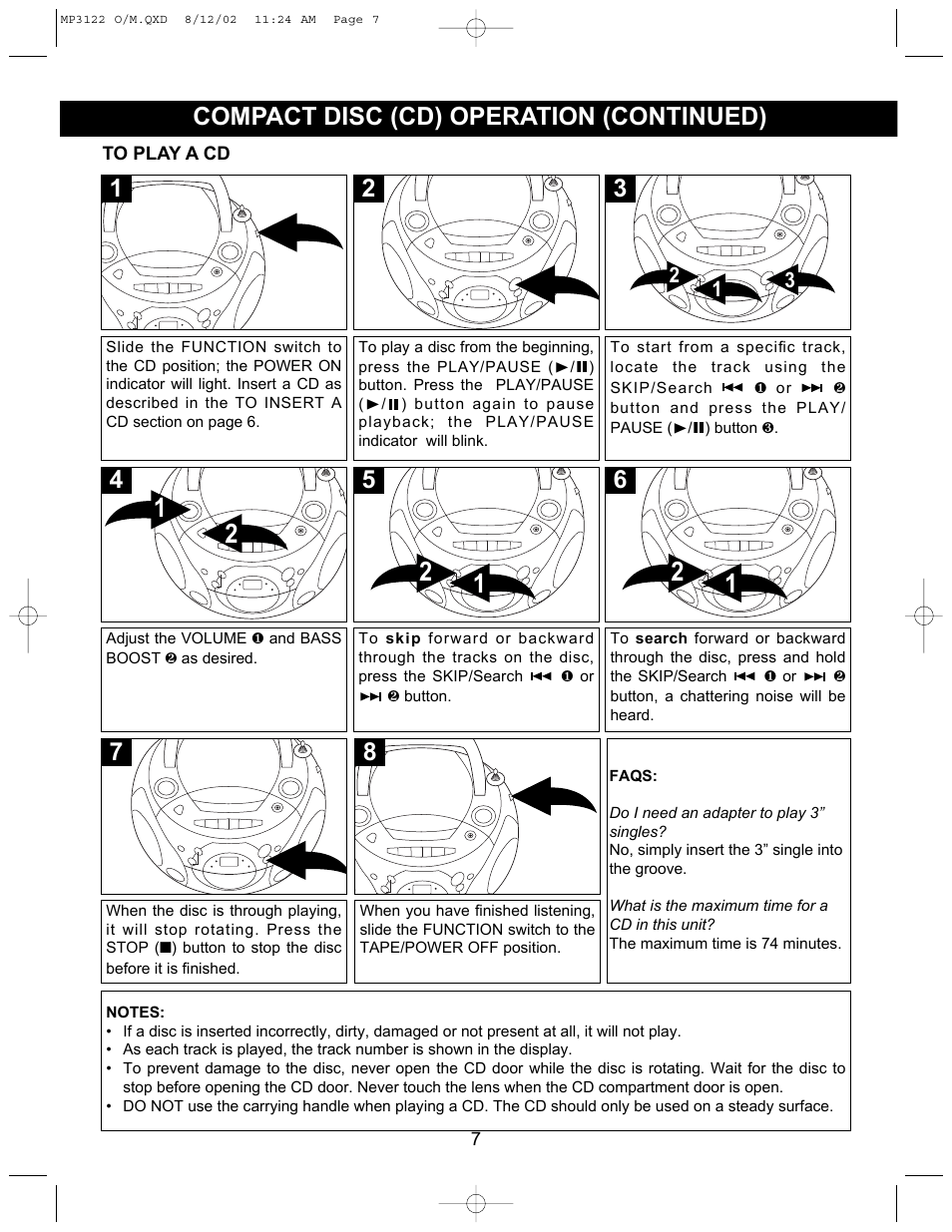 Compact disc (cd) operation (continued) | Memorex MP3122 User Manual | Page 8 / 17