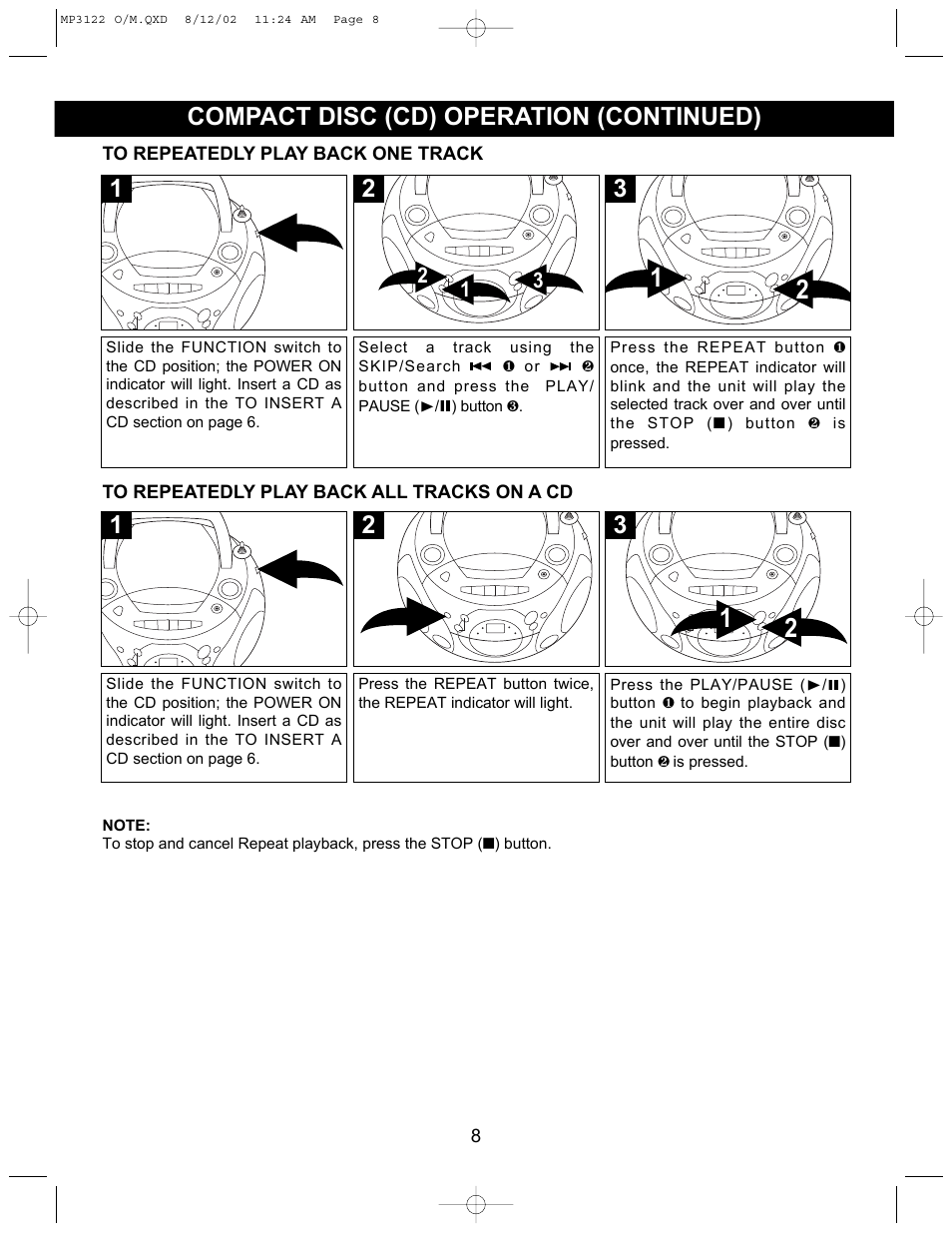 Compact disc (cd) operation (continued) | Memorex MP3122 User Manual | Page 9 / 17