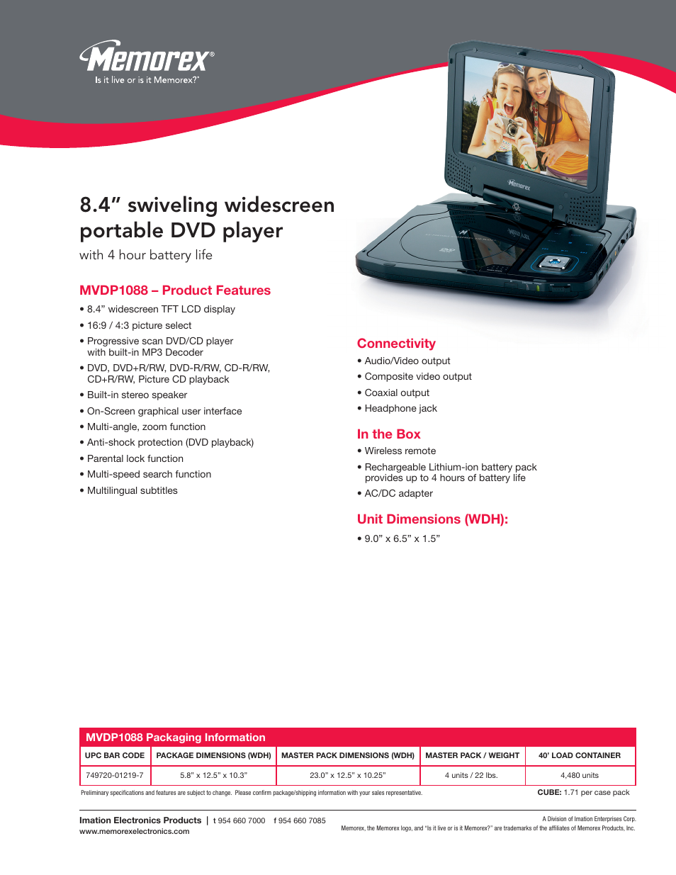 Memorex portable swivel MVDP1088 User Manual | 1 page