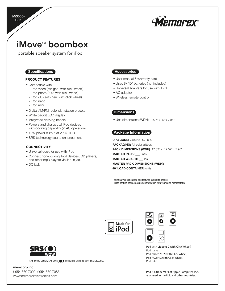 Imove, Boombox, Portable speaker system for ipod | Memorex iMove Mi3005-BLK User Manual | Page 2 / 2