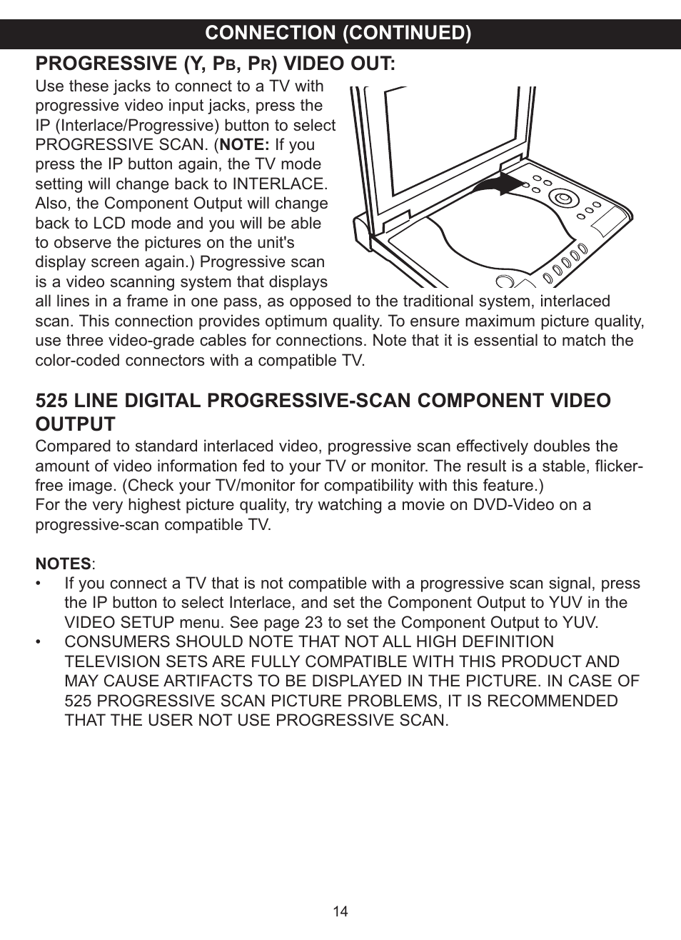 Progressive (y, p, Video out, Connection (continued) | Memorex MVDP1083 User Manual | Page 15 / 46