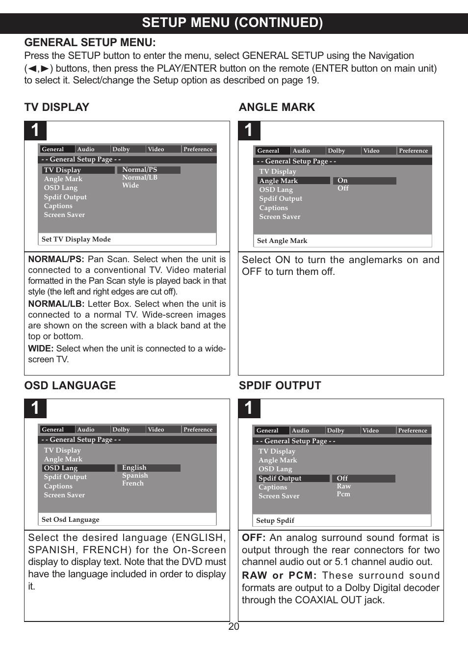 Setup menu (continued), General setup menu, Tv display angle mark | Osd language spdif output | Memorex MVDP1083 User Manual | Page 21 / 46