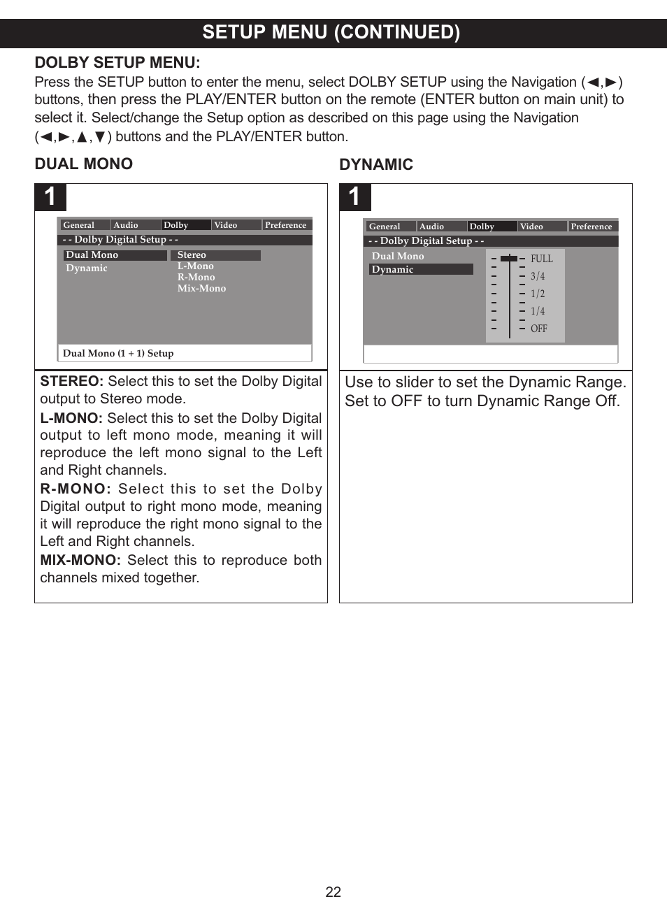 Setup menu (continued), Dynamic dolby setup menu | Memorex MVDP1083 User Manual | Page 23 / 46
