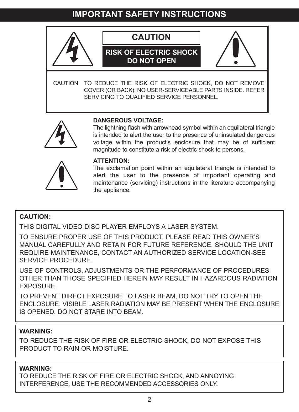 Important safety instructions, Caution | Memorex MVDP1083 User Manual | Page 3 / 46