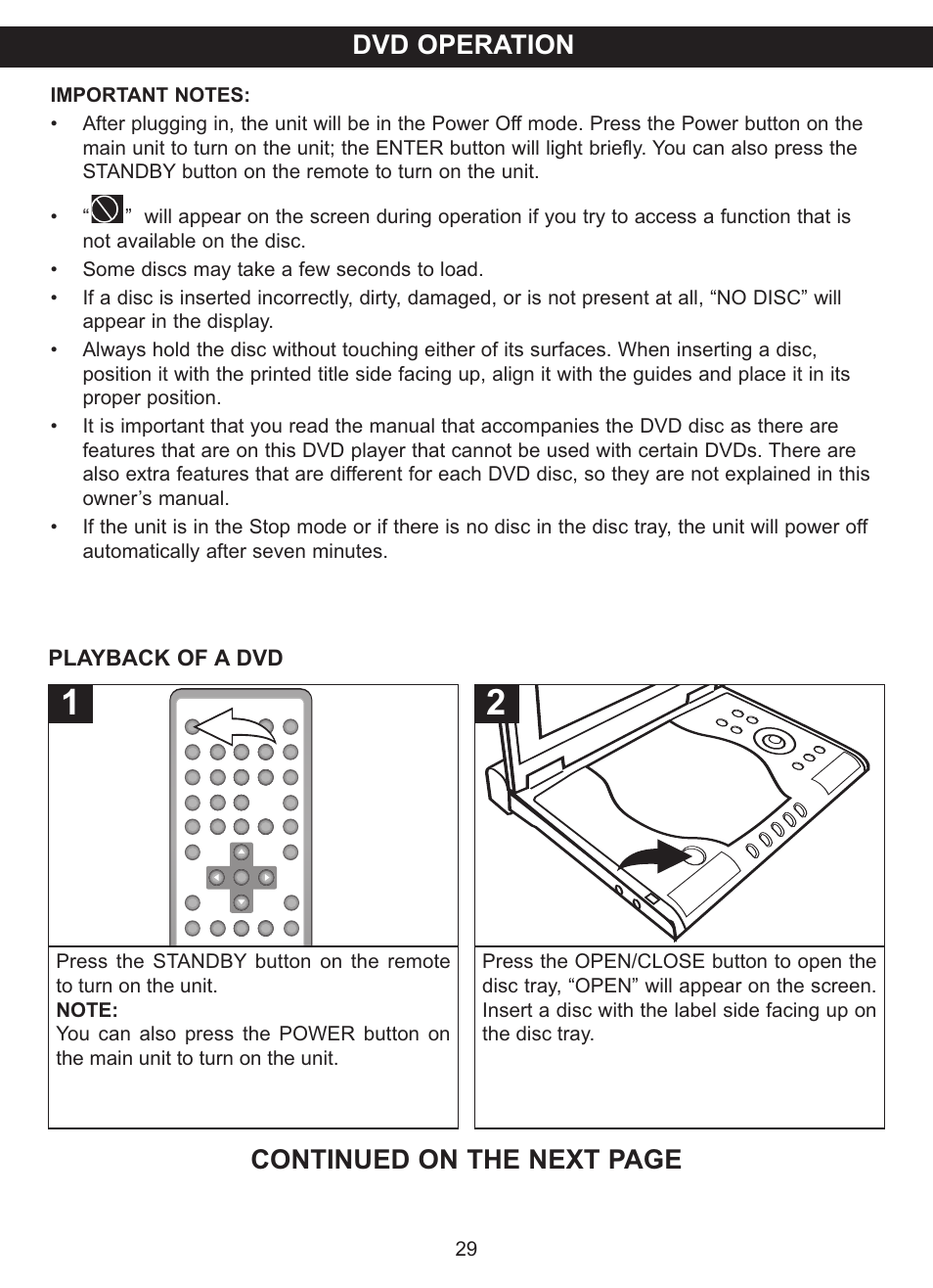 Dvd operation, Continued on the next page | Memorex MVDP1083 User Manual | Page 30 / 46