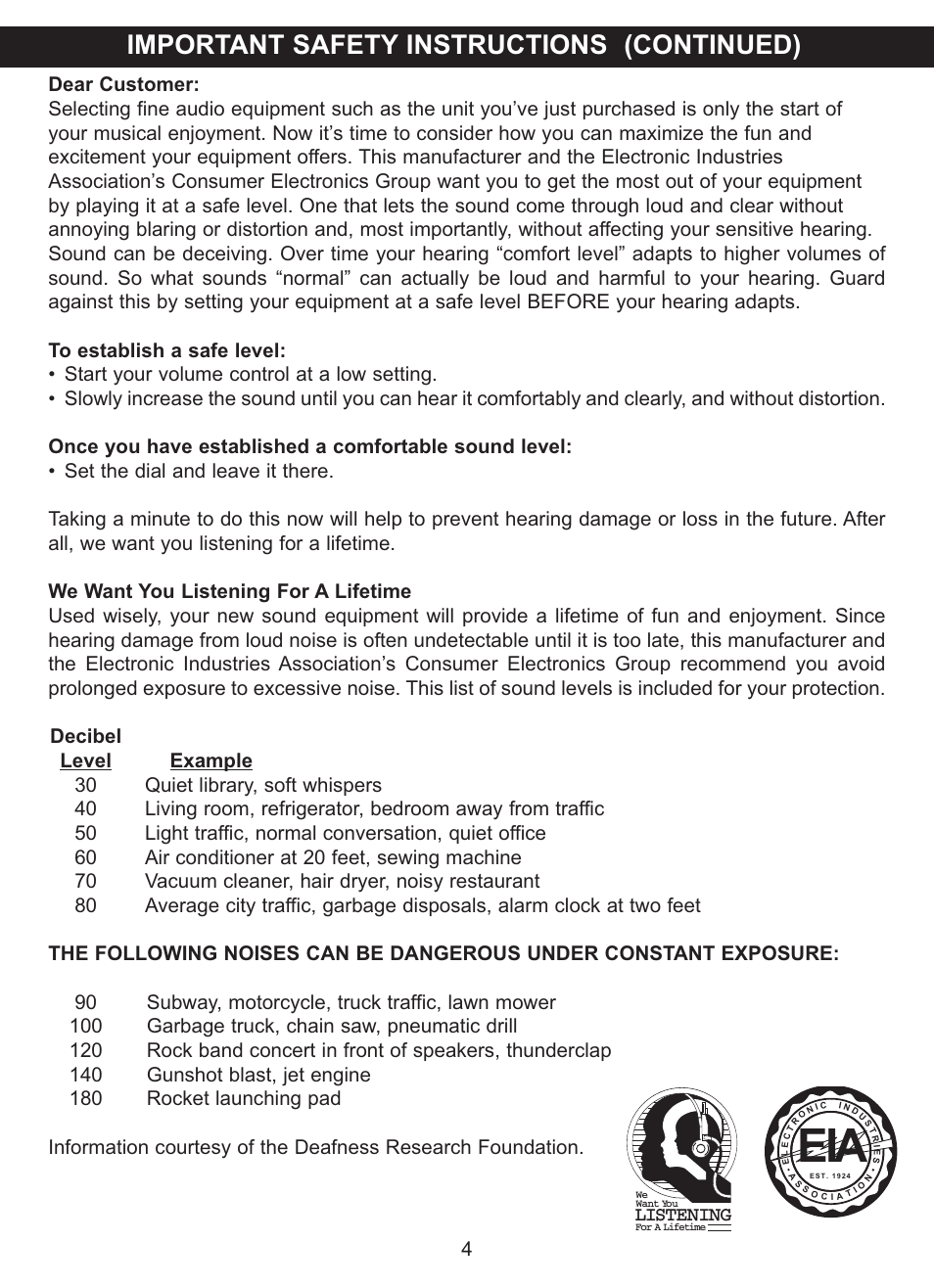 Important safety instructions (continued), Listening | Memorex MVDP1083 User Manual | Page 5 / 46