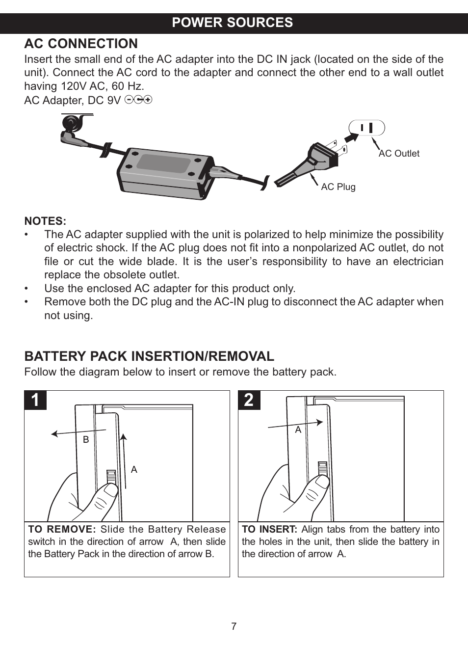 Ac connection, Battery pack insertion/removal, Power sources | Memorex MVDP1083 User Manual | Page 8 / 46