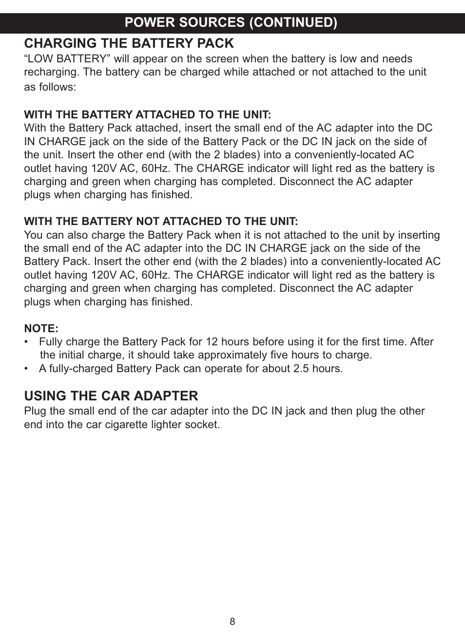 Charging the battery pack, Using the car adapter, Power sources (continued) | Memorex MVDP1083 User Manual | Page 9 / 46