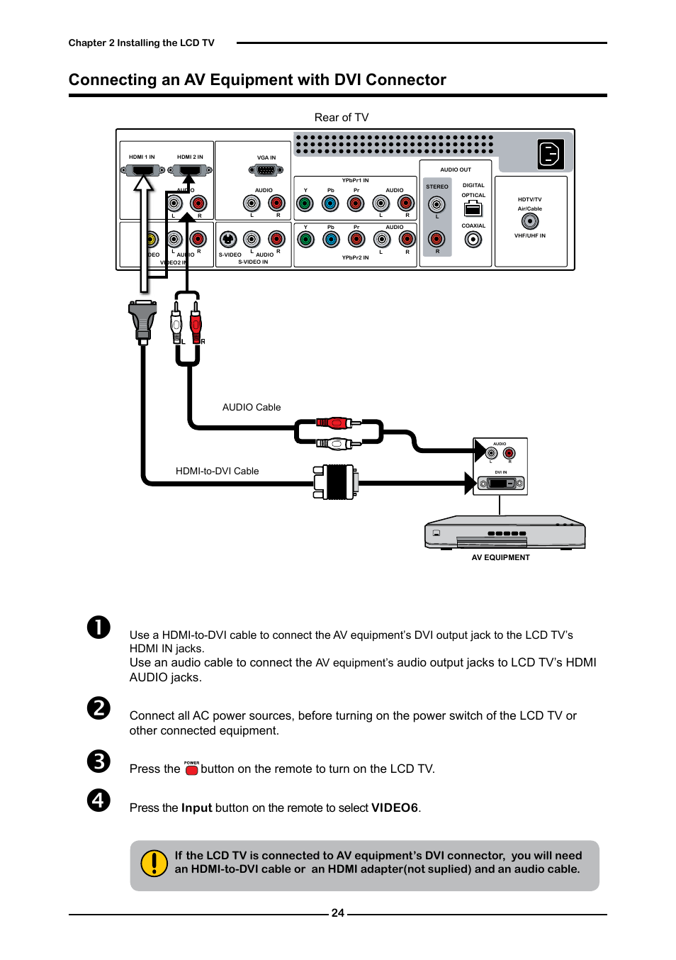Connecting an av equipment with dvi connector, Use an audio cable to connect the, Audio output jacks to lcd tv’s hdmi audio jacks | Memorex MLT3221 User Manual | Page 28 / 53