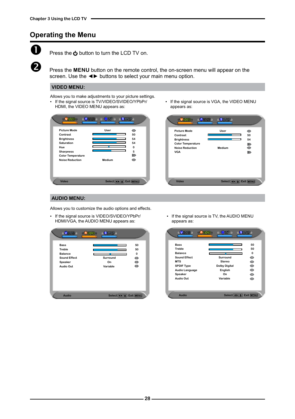 Operating the menu, Press the button to turn the lcd tv on, Video menu: audio menu | Memorex MLT3221 User Manual | Page 32 / 53