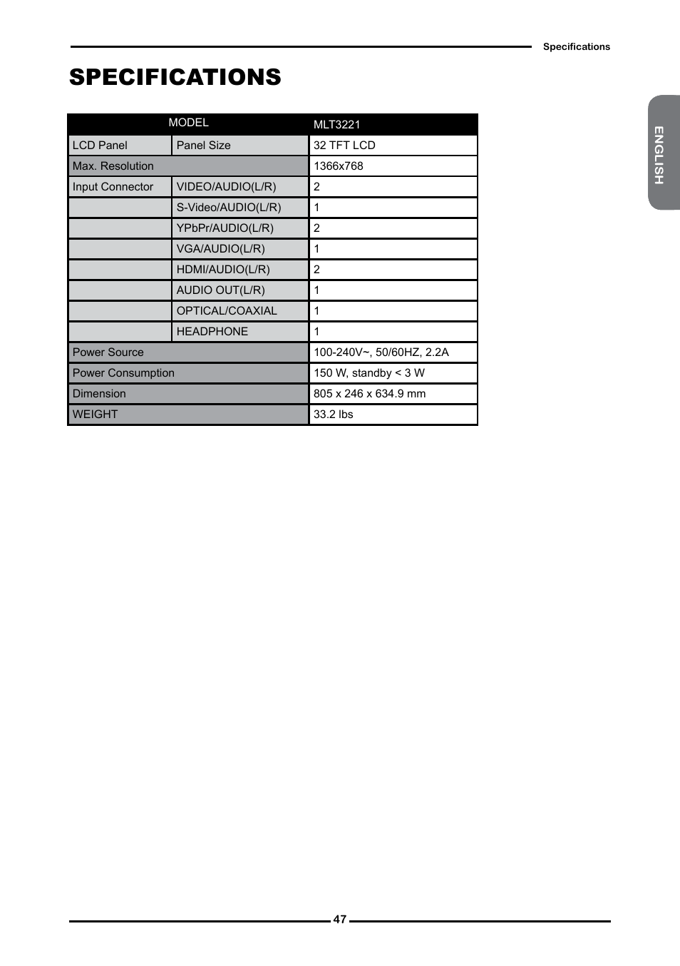 Specifications | Memorex MLT3221 User Manual | Page 51 / 53
