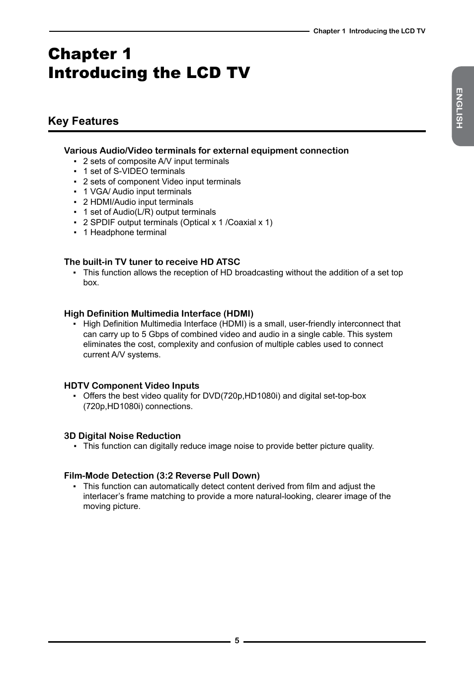 Chapter 1 introducing the lcd tv, Key features | Memorex MLT3221 User Manual | Page 9 / 53