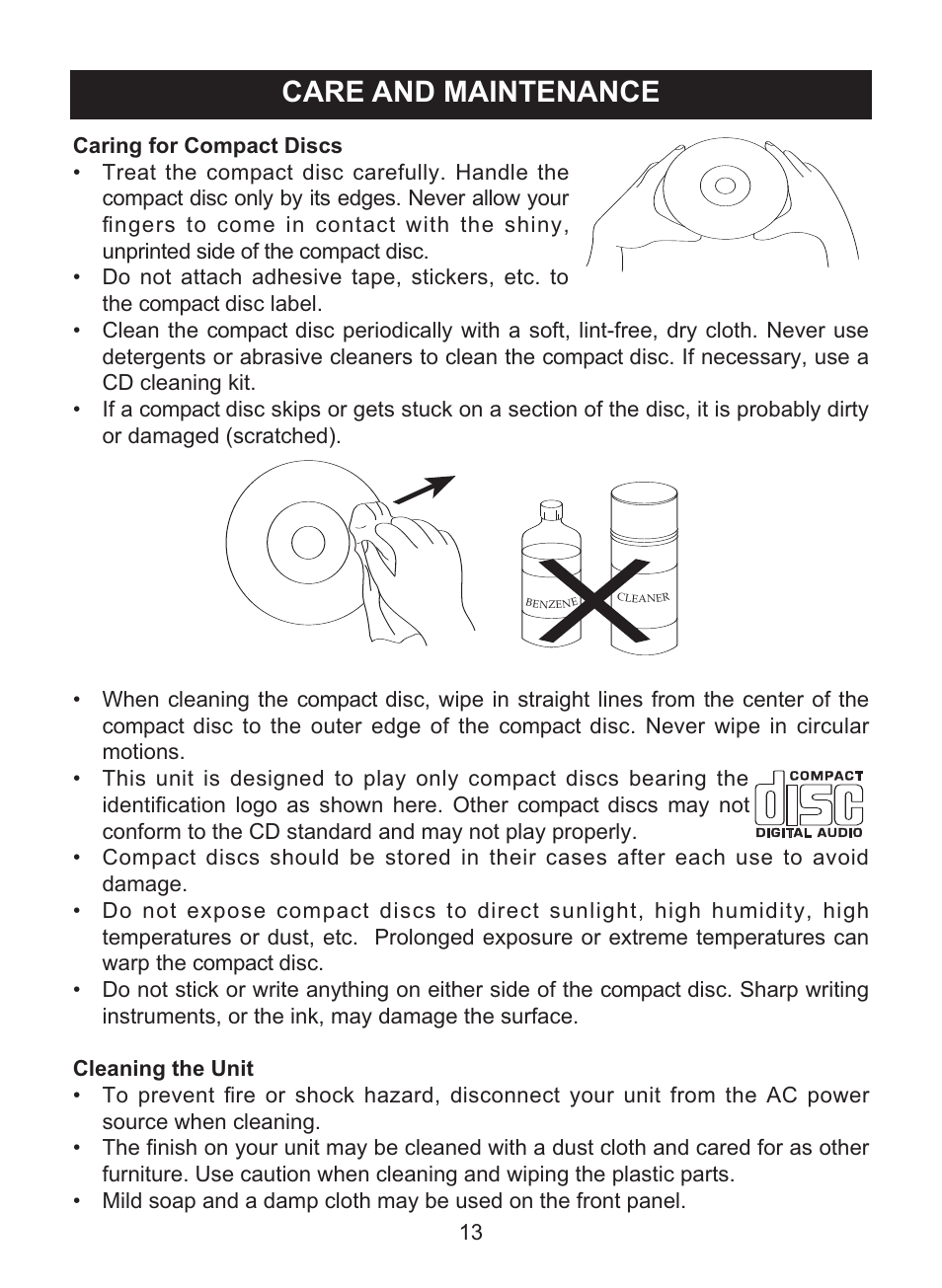 Care and maintenance | Memorex MD6460 User Manual | Page 14 / 34