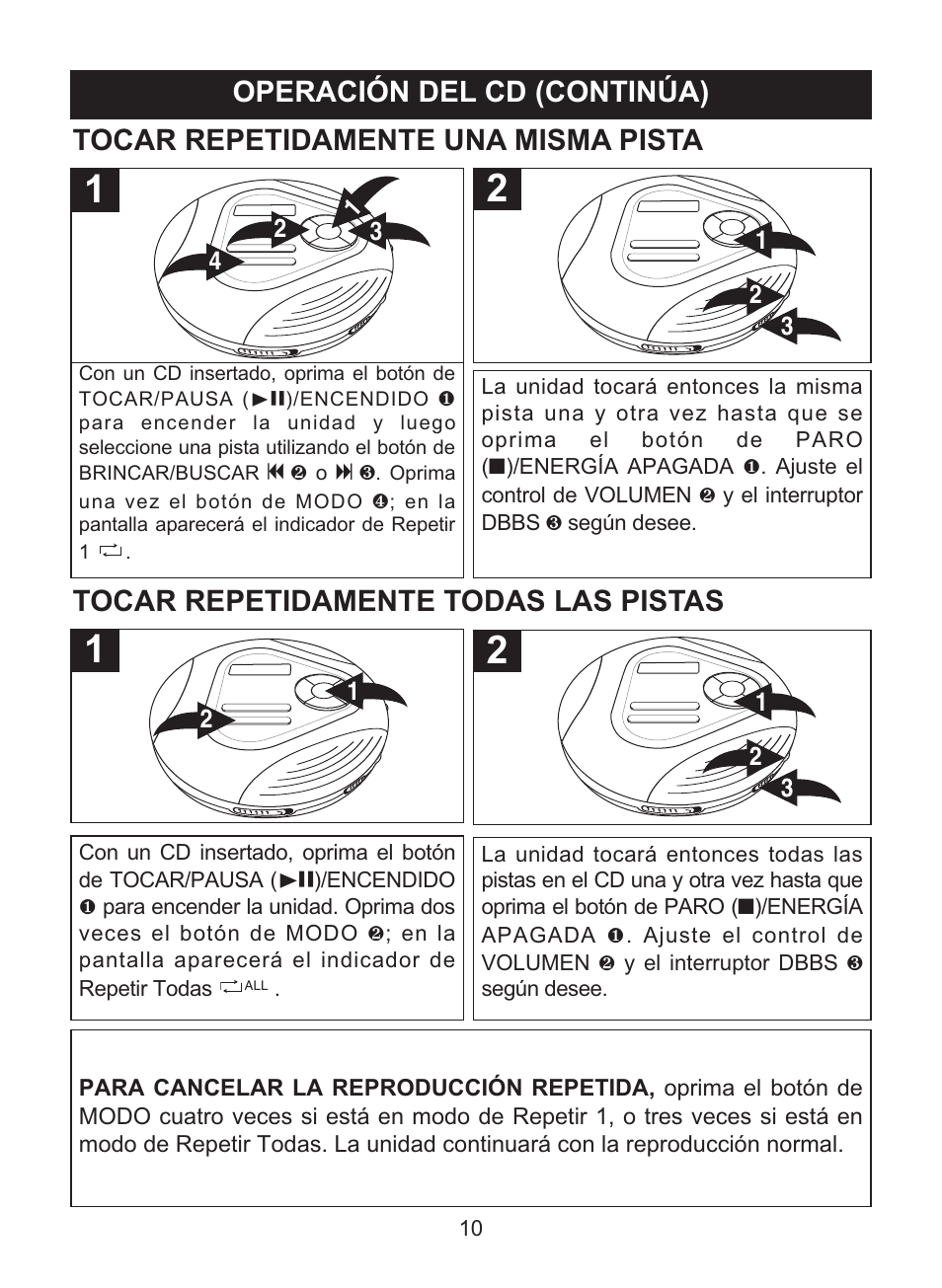 Operación del cd (continúa), Tocar repetidamente una misma pista, Tocar repetidamente todas las pistas | Memorex MD6460 User Manual | Page 28 / 34