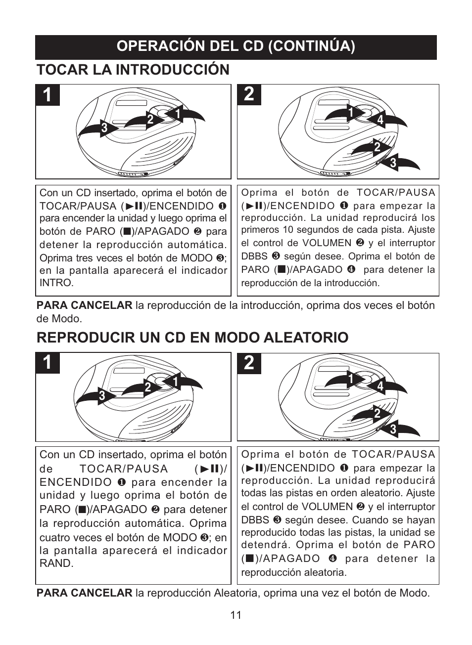 Operación del cd (continúa), Tocar la introducción, Reproducir un cd en modo aleatorio | Memorex MD6460 User Manual | Page 29 / 34