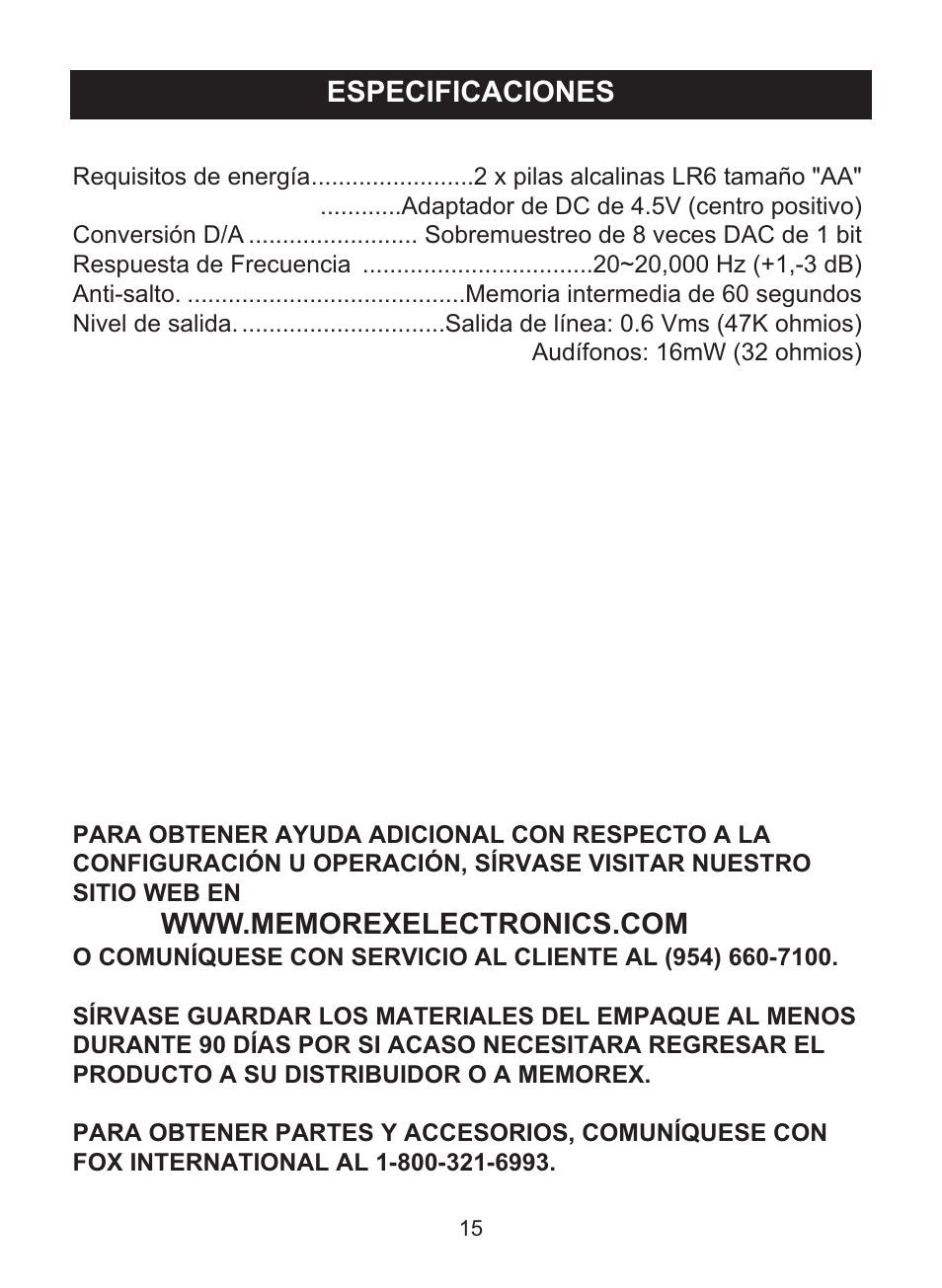 Especificaciones | Memorex MD6460 User Manual | Page 33 / 34